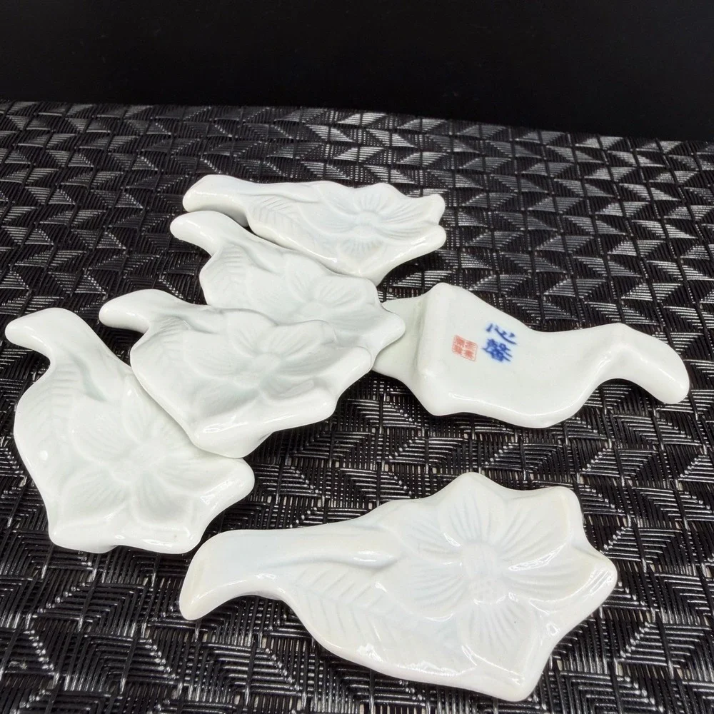 Vintage White Porcelain Floral Chopstick Rests Set of 6 Embossed Flower Leaf VTG